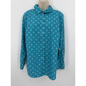 Chicos Blue Seashell Print No Iron Roll Up Sleeve Shirt Size 2 Or Large